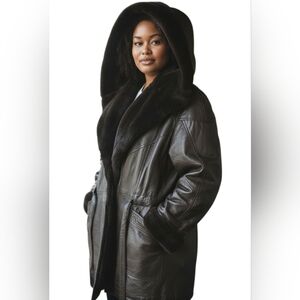 Donna Pelle Brown Leather Tie Front Hooded Faux Fur Luxury Winter Jacket Large
